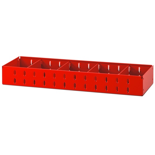 Facom U50030028 red metal storage bin with six compartments, front angle on white background.