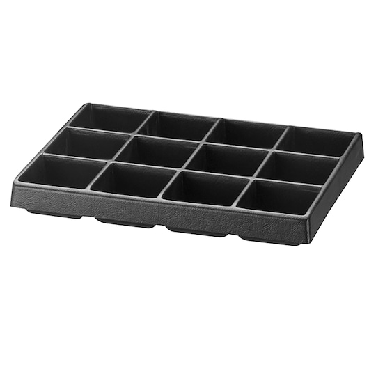 Facom U50030030Q black plastic organizer tray with twelve square compartments, front angle, photography.
