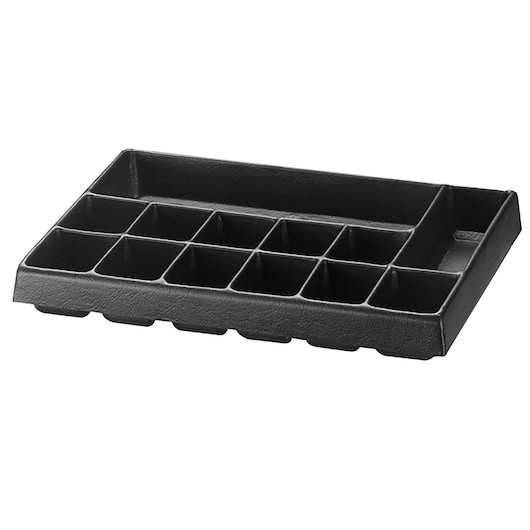 Facom U50030031Q black plastic organizer tray with twelve compartments, angled view, photography.