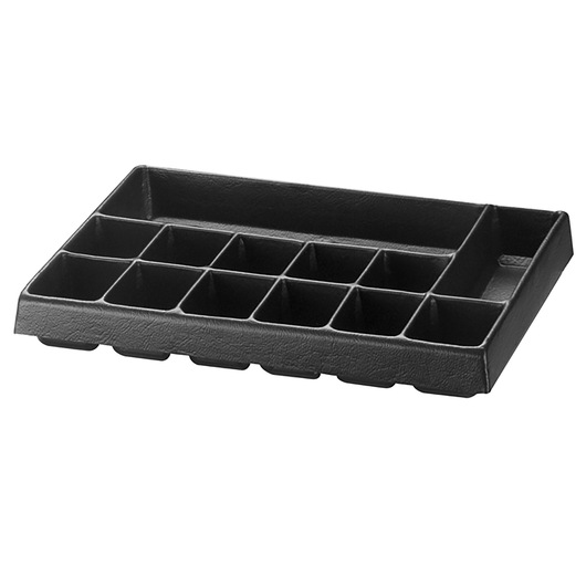 Facom U50030032Q black plastic compartment tray with multiple storage sections, angled on white background.