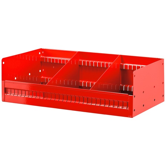 Facom U50030036 red metal storage bin with three compartments, angled front view on white background.