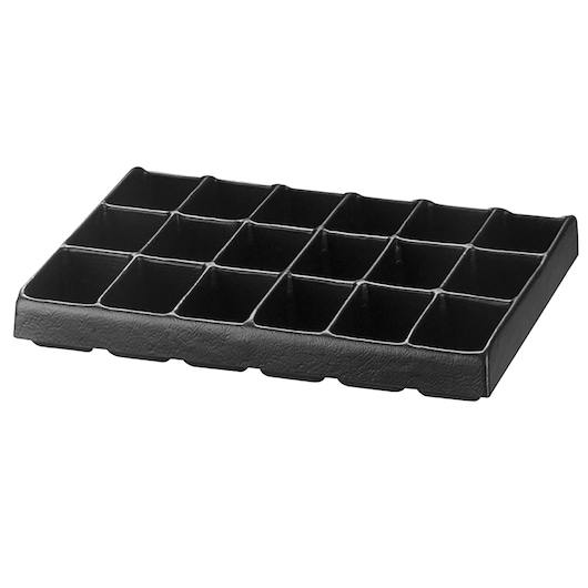 Facom black plastic storage tray with 15 square compartments, SKU U50030037Q, photographed at angle on white background.