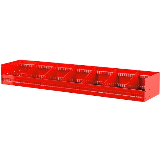 Facom U50030038 red metal wall-mounted storage rack with six compartments, front angle, photography.