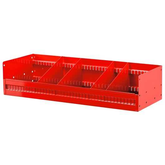 Facom U50030039 red metal storage rack with four compartments, front angle on white background.