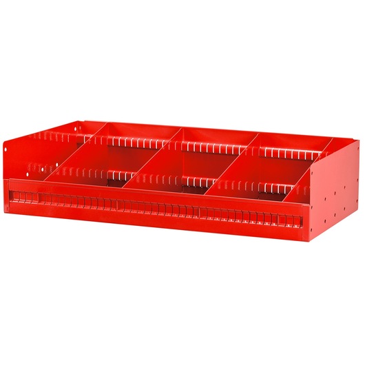 Facom U50030044 red metal storage rack with divided compartments, front angle, photography of product.