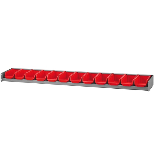 Facom U50030068 wall-mounted organizer rack with 12 red storage bins, side angle on white background.