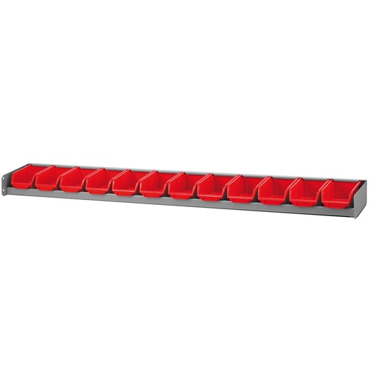 Facom U50030070 wall-mounted organizer rail with 14 red plastic storage bins, front angle on white background.