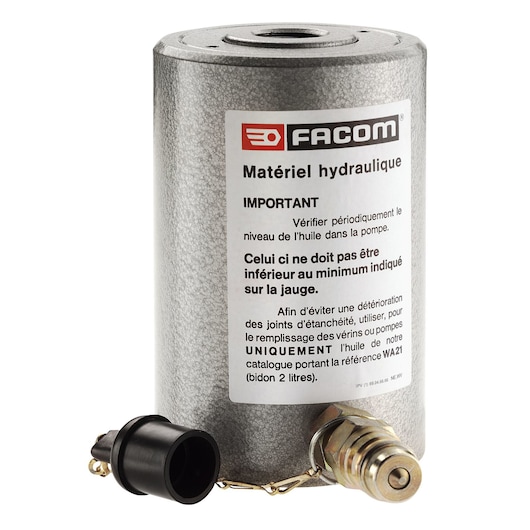 Photo of a Facom hydraulic cylinder with warning label, silver metal, side angle, SKU UWG_320.