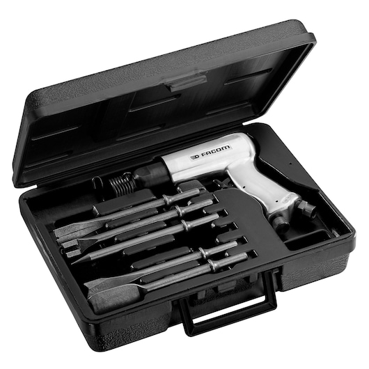 Photo of Facom V_321AH air hammer kit with chisel attachments in black plastic case, angled top view.