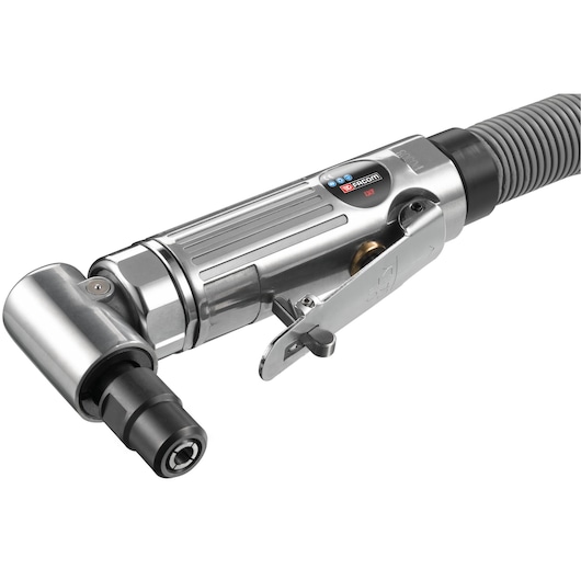 Photo of Facom V_347F pneumatic angle die grinder, silver metal body with side trigger, front angle view on white.