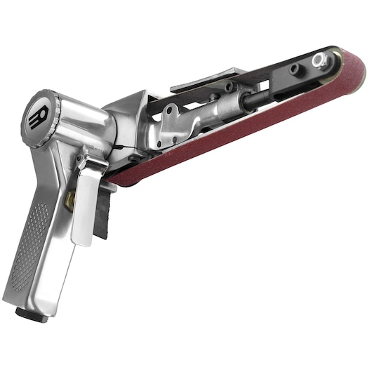 Facom V.403A2 handheld belt sander with metallic body and maroon sanding belt, side angle on white.