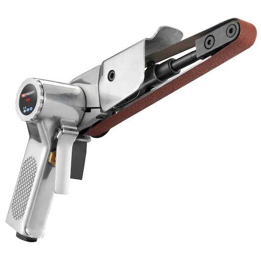Facom V_403F metal handheld belt sander, side angle, with brown sanding belt.