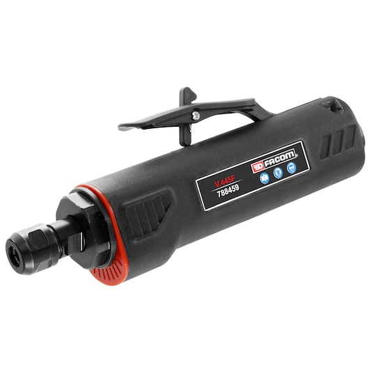 Facom V_445F straight die grinder, black with red accents, right side view on white background.