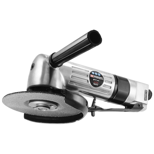 Photo of Facom V_472F angle grinder with side handle, metal body, and abrasive disc on white background.