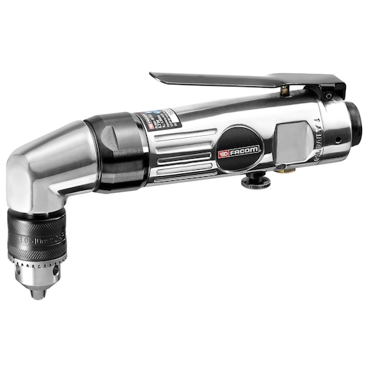 Photo of Facom V_DA100KR right-angle air drill, silver metal body, side view on white background.