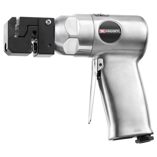 Side angle photo of Facom V_PF300F pneumatic crimping tool with metallic body and black crimping head.