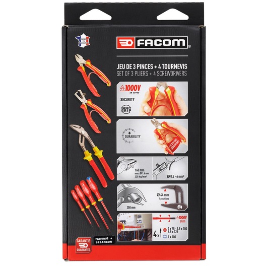 Facom VE.A2PB set of 3 pliers and 4 screwdrivers, insulated tools with red and yellow soft grip handles, product packaging rear view.