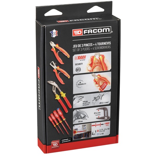 Facom VE.A2PB pliers and screwdrivers set packaging, left angle, red and yellow handles, product illustrations.