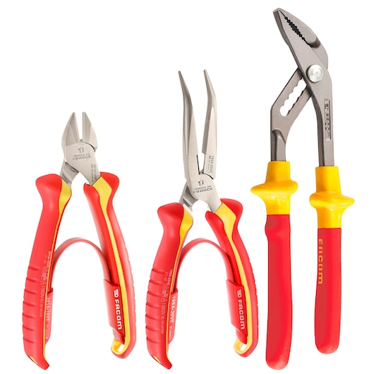 Facom VE_A3 insulated pliers set with red and yellow handles, photography, front view.