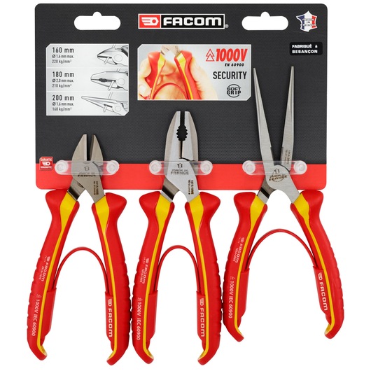 Facom VE.A4PB insulated pliers set with three red and yellow pliers in retail packaging, front angle.