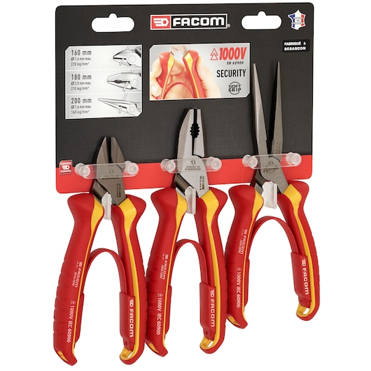 Facom VE.A4PB insulated pliers set with red and yellow handles, three pliers in blister pack, white background, front view.