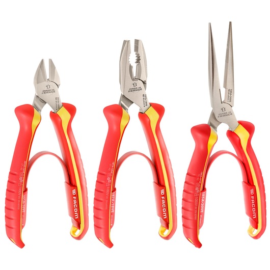 Facom VE_A4 insulated pliers set with red and yellow handles, front view on white background.