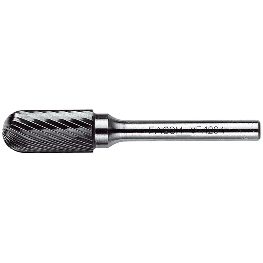 A close-up image of a cylindrical rotary burr tool with a rounded end and spiral cutting edges, used for shaping and finishing metal surfaces. The tool is metallic and marked with the brand Facom and the model number.