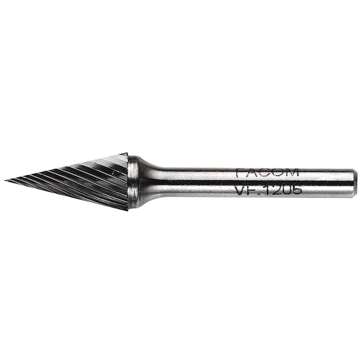 Facom VFA_606 metal rotary burr cone shape, photography, side angle on white background.