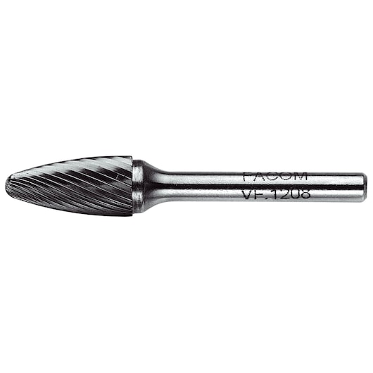 Facom VFA_608 metal rotary burr tool, silver color, tapered cylindrical shape, side angle on white background.