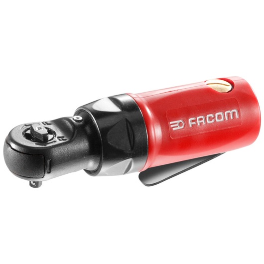 Photo of Facom VR.R127PB pneumatic ratchet wrench, red and black, side angle on white background.