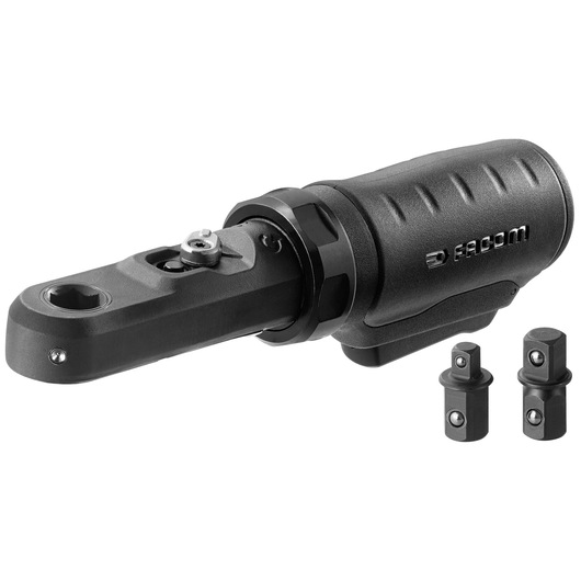 Facom VR_RJ2500PB ratchet handle and two adapters, black, side angle, on white background.