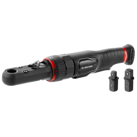 Facom VR_SJ3500PB black cordless ratchet wrench with two socket adapters, side angle on white background.