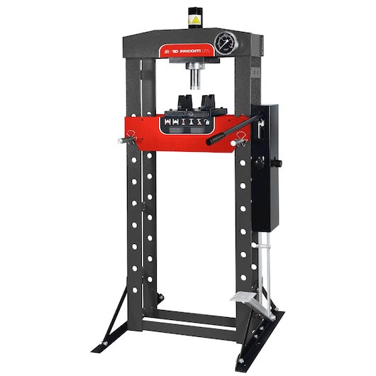Photo of Facom W_420 hydraulic workshop press, front angle, black and red frame with control lever.