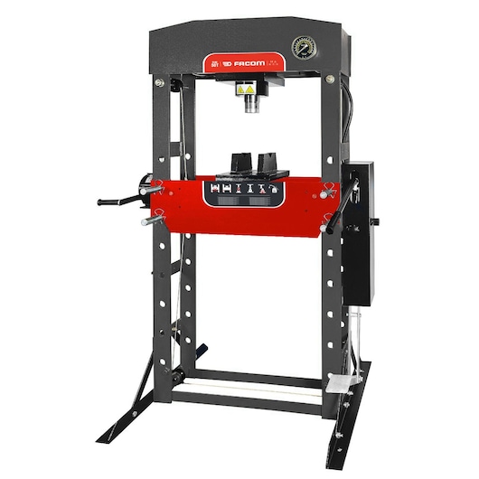 Facom W_450 hydraulic press, front angle, black and red frame, visible control panel.