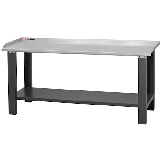 Facom WB_2000GSA workbench with metal top and lower shelf, front angle, grey and silver colors.