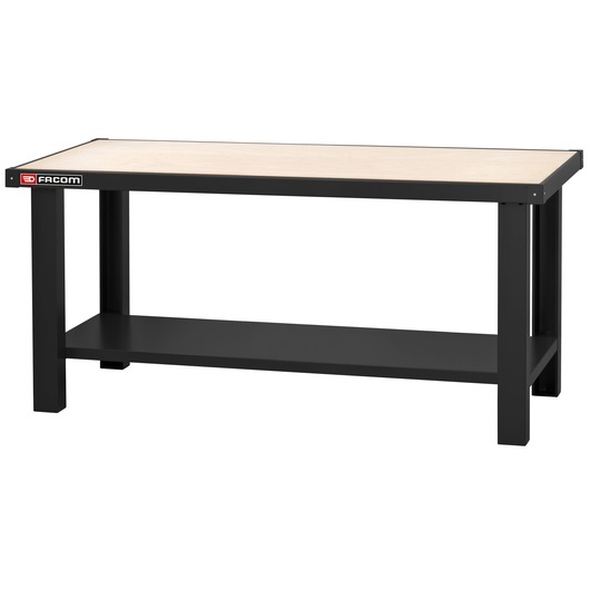 Photo of Facom WB_2000WA workbench, black frame with light wood top and lower storage shelf, front angle, white background.