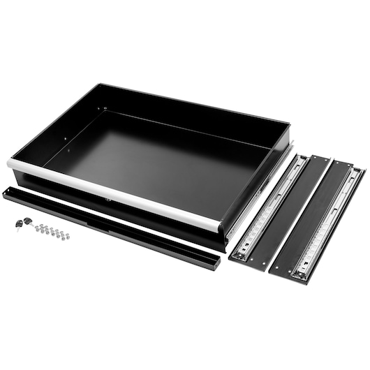 Facom WB2.1500DRAW black metal drawer kit with sliding rails, lock, keys, and mounting hardware, top angle.