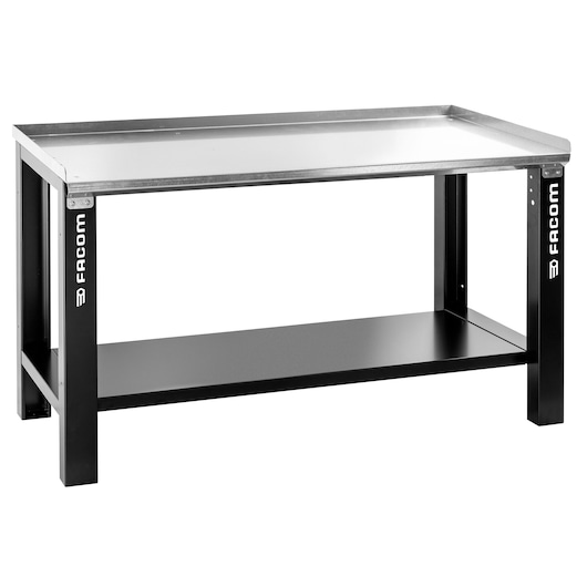 Facom WB2.1500GS workshop bench with metal top and lower shelf, side angled on white background.
