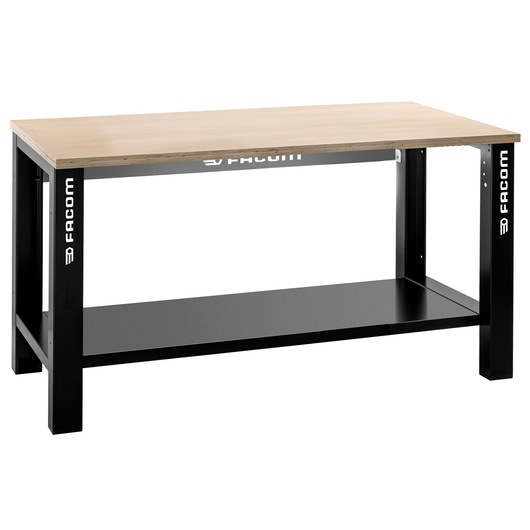 Facom WB2.1500W workbench with light wood top, black metal frame, lower shelf, front angle on white background.