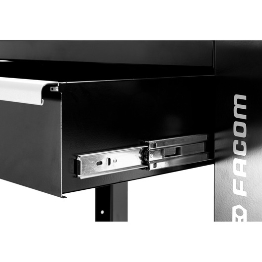 Facom drawer slide detail, black metal construction, side angle on white, WB2.1500W workbench drawer.
