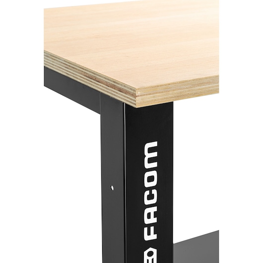 Facom WB2.1500W wooden workbench corner with black metal leg, side view on white background.