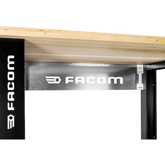 Photo of Facom workbench WB2.1500W with wooden top and metal frame, shown from a front angle on white background.