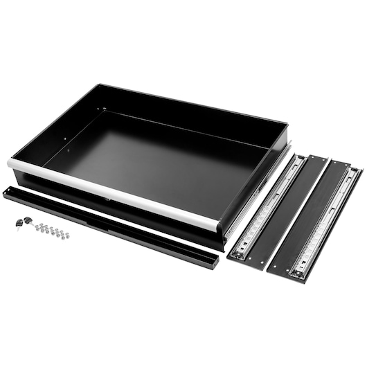 Facom WB2.2000DRAW black metal drawer kit with sliding rails, lock, keys, and mounting hardware, front view on white background.