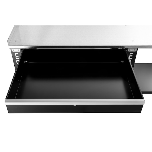 Facom WB2.2000DRAW black metal workbench drawer, open, top-down view, white background.