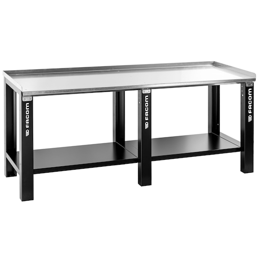 Facom WB2.2000GS workbench with metal top, black frame, lower shelf, front angle, white background.