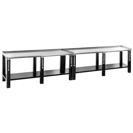 Photo of Facom WB2.2000GS black and silver double workbench with lower shelf, front angle, white background.