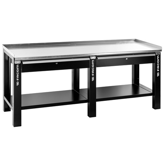 Facom WB2.2000GS black metal workbench with steel top and lower shelf, front angle, photography