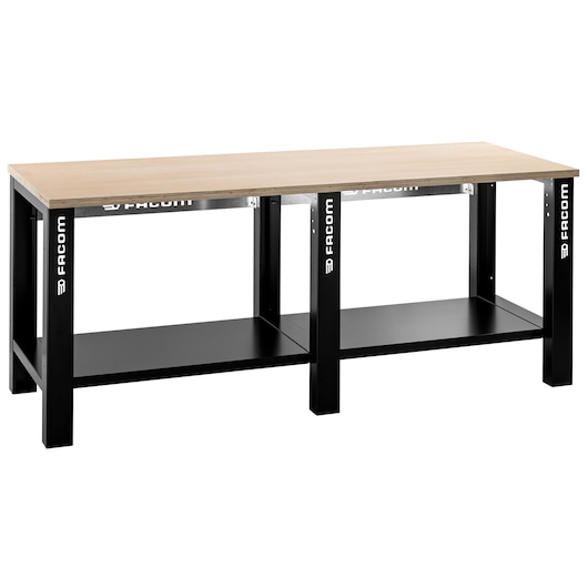 Facom WB2.2000W workshop table with black steel frame, lower shelf, and light wood top, front angle on white.
