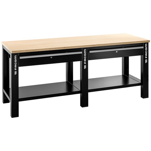 Facom WB2.2000W workbench with wood top, black metal frame, two drawers, lower shelf, front angle on white background.