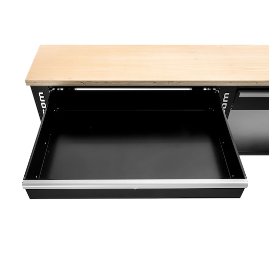 Facom WB2.2000W workbench with wooden top and open black metal drawer, front angle on white background.